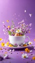 Easter egg and spring flowers in a cup of tea on a violet background, creative Easter holiday concept, minimalism for Royalty Free Stock Photo