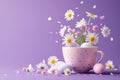 Easter egg and spring flowers in a cup of tea on a violet background, creative Easter holiday concept, minimalism for Royalty Free Stock Photo