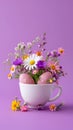 Easter egg and spring flowers in a cup of tea on a violet background, creative Easter holiday concept, minimalism for Royalty Free Stock Photo