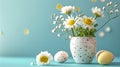 Easter egg and spring flowers in a empty cup on a blue backgroun Royalty Free Stock Photo