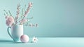 Easter egg and spring flowers in a empty cup on a blue backgroun Royalty Free Stock Photo