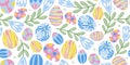 Easter egg and spring primula flowers seamless pattern. Decorative patterned eggs like polka dot, floral and abstract designs Royalty Free Stock Photo