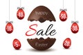 Easter egg text sale. Chocolate broken Happy Easter egg 3D template isolated white background. Design banner, greeting Royalty Free Stock Photo