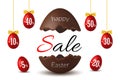 Easter egg text sale. Chocolate Happy Easter egg 3D template isolated white background. Design banner, greeting Royalty Free Stock Photo