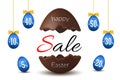 Easter egg text sale. Chocolate Happy Easter egg 3D template isolated white background. Design banner, greeting