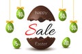 Easter egg text sale. Chocolate Happy Easter egg 3D template isolated white background. Design banner, greeting Royalty Free Stock Photo