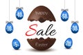 Easter egg text sale. Chocolate Happy Easter egg 3D template isolated white background. Design banner, greeting