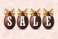 Easter egg text sale. Happy Easter chocolate eggs 3D, gold ribbon bow, textured background. Design banner, poster Royalty Free Stock Photo