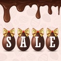 Easter egg text sale. Happy Easter eggs 3D, dripping chocolate, gold ribbon bow, textured background. Design banner Royalty Free Stock Photo