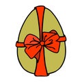 An Easter egg tied with a ribbon.A green egg with a red bow.Flat illustration.Picture for the holiday of bright Easter.Suitable