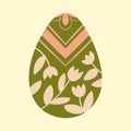 Easter egg vector illustration. Cute green egg decorated with hand drawn flowers and brush strokes on pastel yellow