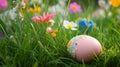 Easter egg in vibrant flower meadow. Possible use Stock photo for spring celebrations Royalty Free Stock Photo