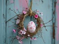 an easter egg in a white wreath hanging, on a wooden door Royalty Free Stock Photo