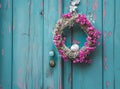 an easter egg in a white wreath hanging, on a wooden door Royalty Free Stock Photo