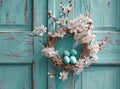 an easter egg in a white wreath hanging, on a wooden door Royalty Free Stock Photo