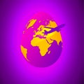 Easter egg with yellow world map. Planet Earth in form of egg on bright purple background with flying air plane. Conceptual Royalty Free Stock Photo