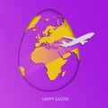 Easter egg with yellow world map. Planet Earth in form of egg on bright purple background with flying light gray air plane and gre Royalty Free Stock Photo