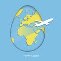 Easter egg with yellow world map. Planet Earth in form of egg on sky blue background with flying white air plane and greeting text Royalty Free Stock Photo