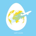 Easter egg yolk with yellow world map. Planet Earth in egg shape on sky blue background with flying white air plane and greeting t Royalty Free Stock Photo