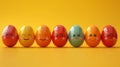 Easter eggs aligned: Yellow surface, festive.