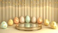 Easter eggs are arranged on and around a mirrored platform Royalty Free Stock Photo