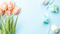 Easter eggs background. Colorful egg with tape ribbon, spring tulips, feathers on pastel blue background in Happy Easter Royalty Free Stock Photo