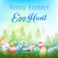 Easter eggs Background with field of trees and colored eggs in the grass Royalty Free Stock Photo