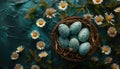 Easter eggs in a basket with daisies on a blue background Royalty Free Stock Photo
