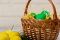 Easter eggs in the basket and with fake grass