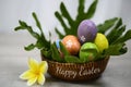 Easter eggs in a basket with flower. Sets of colorful Easter eggs with different texture and patterns in natural rattan basket.
