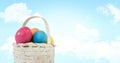 Easter eggs in basket in front of blue sky Royalty Free Stock Photo