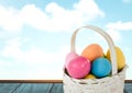 Easter eggs in basket in front of blue sky Royalty Free Stock Photo