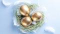 Easter eggs basket. Golden egg in basket with white feathers on pastel blue background in Happy Easter decoration. Traditional