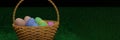 easter eggs in basket on grass, banner, copy space, place for text. Eggs in a round basket on a green grass. Colorful Royalty Free Stock Photo