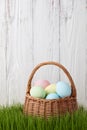 Easter eggs basket in grass meadow