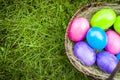 Easter eggs in a basket on green grass with copy space Royalty Free Stock Photo