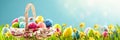 Easter Eggs in a Basket on Green Grass and Flowers Royalty Free Stock Photo