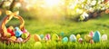 Easter Eggs in a Basket on Green Grass Sunny Background Royalty Free Stock Photo