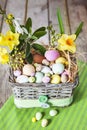 Easter eggs in the basket on green striped cloth Royalty Free Stock Photo