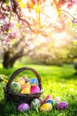 Easter eggs in basket greeting card with copyspace copy space decoration portrait format Royalty Free Stock Photo
