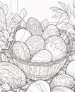 Easter eggs in basket with leaves. Black and white vector illustration