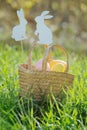Easter eggs in a basket with rabbit decorations Royalty Free Stock Photo