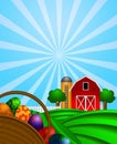 Easter Eggs Basket with Red Barn on Green Pasture Royalty Free Stock Photo