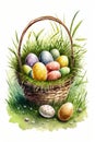 Easter Eggs In Basket Standing On Green Grass, On White Background - Generative AI Royalty Free Stock Photo