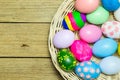 Easter eggs in the basket on wood background Royalty Free Stock Photo