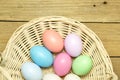 Easter eggs in the basket on wood background Royalty Free Stock Photo