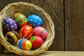 Easter eggs in basket and wood background Royalty Free Stock Photo