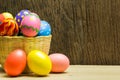 Easter eggs in basket and wood background Royalty Free Stock Photo
