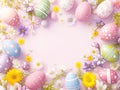 Easter eggs with beautiful colorful patterns, and some white, yellow and purple spring flowers. Royalty Free Stock Photo