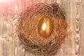 Bird nest with traditional painted golden egg on wood, easter Royalty Free Stock Photo